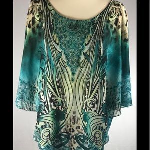 3X Plus size printed embellished poncho top